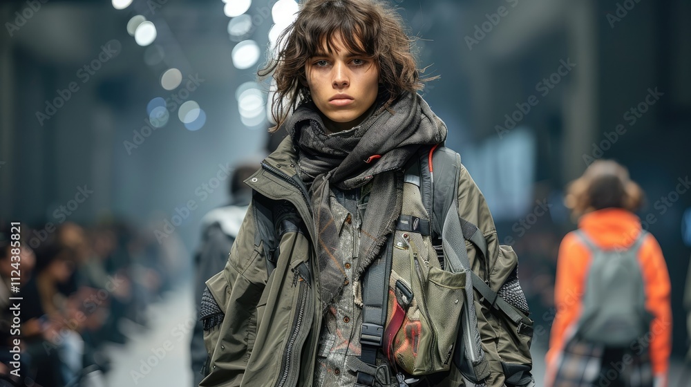 Fototapeta premium Fashion model showcasing outerwear, scarf, and backpack.