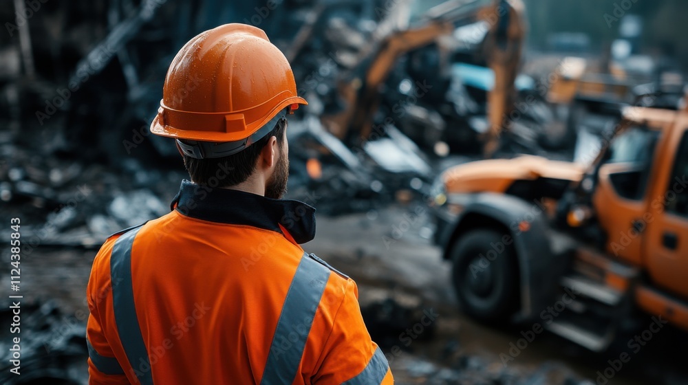 Construction Worker Overseeing Heavy Machinery in Industrial Site at Dusk with Safety Gear and Equipment Construction Worker Overseeing Heavy Machinery in Industrial Site at Dusk with Safety Gear and Equipment