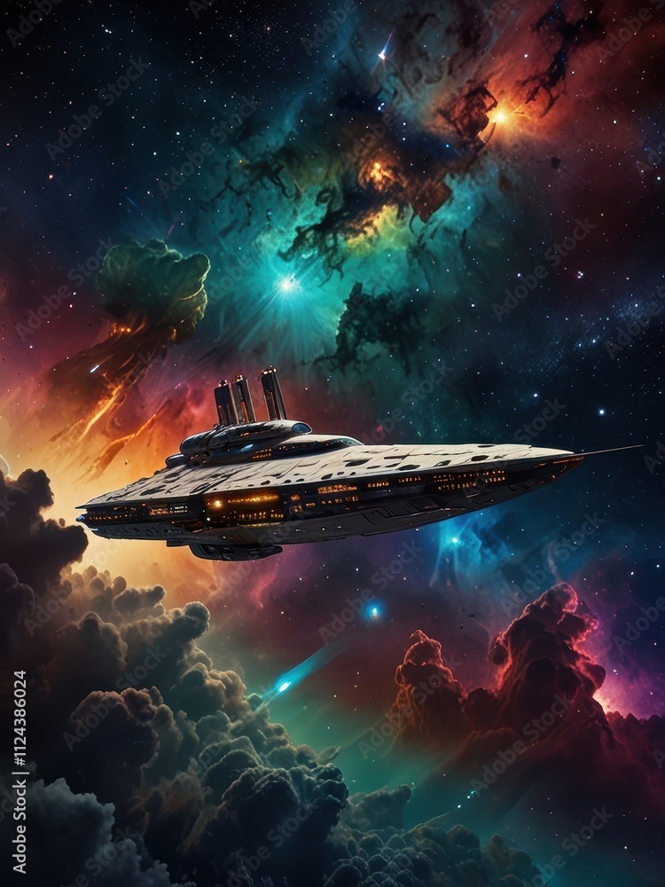 Starship Soaring Through Cosmic Nebula: A sleek, futuristic spaceship glides through a mesmerizing nebula. Starship Soaring Through Cosmic Nebula: A sleek, futuristic spaceship glides through a mesmerizing nebula.