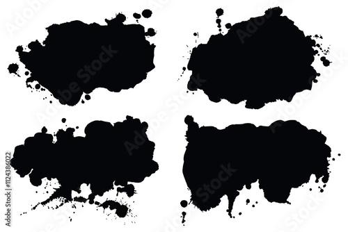 Black ink splatters silhouettes with paint drops. Ink splashes banners set with drops blots and spray stains. Abstract grunge effect for banners, ad, website, posters