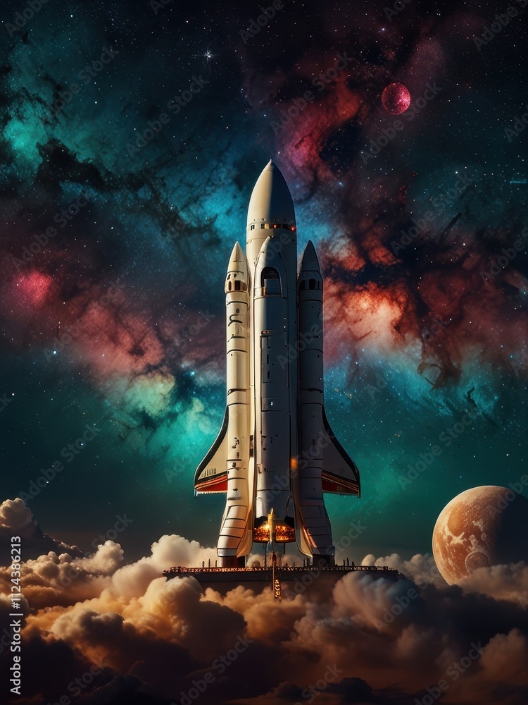 Obraz premium Starship Soaring Through Cosmic Nebula: A sleek, futuristic spaceship glides through a mesmerizing nebula.