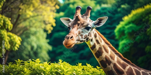 Giraffe gracefully peeking through lush greenery in a bright and vibrant natural setting