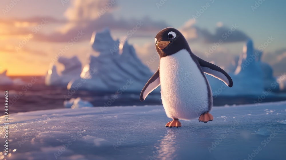 Obraz premium Playful Penguin on Iceberg at Sunset with Scenic Ocean Background