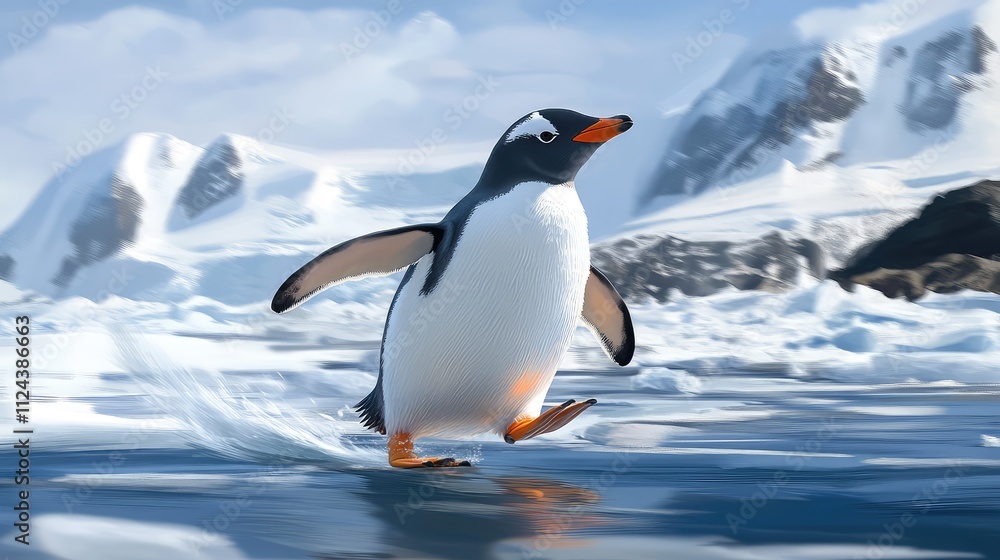 Fototapeta premium Playful Penguin Sliding Across Icy Surface in Arctic Landscape