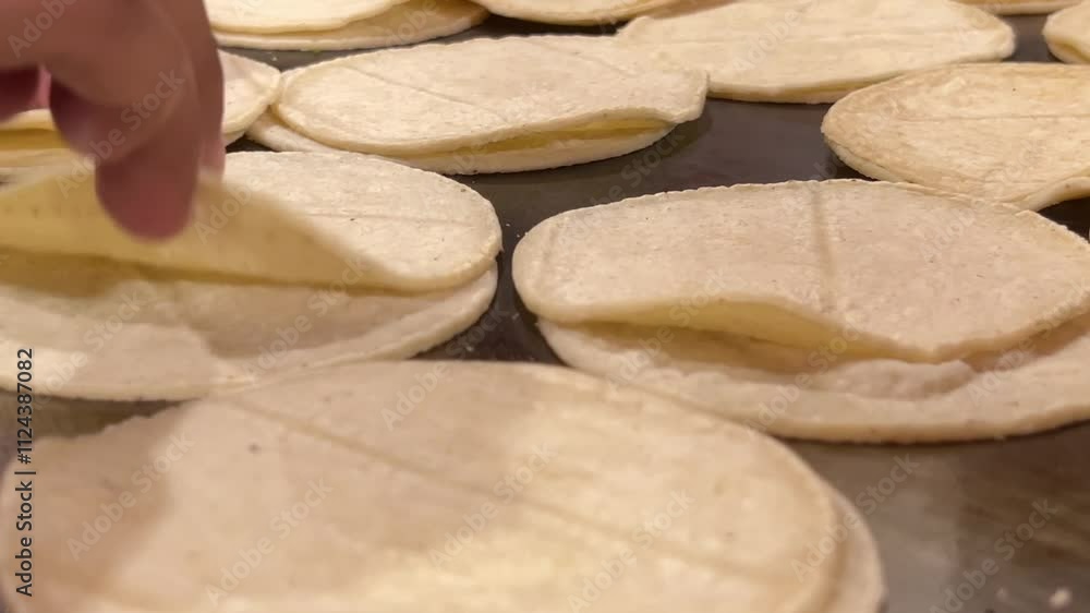 Corn tortillas on a flat griddle cooking, close-up shot, showcasing a golden and warm texture Corn tortillas on a flat griddle cooking, close-up shot, showcasing a golden and warm texture