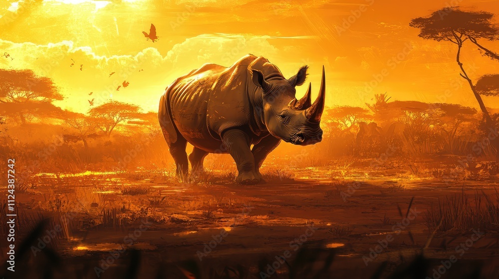 Fototapeta premium Majestic Rhino Walking Through Golden African Landscape at Sunset