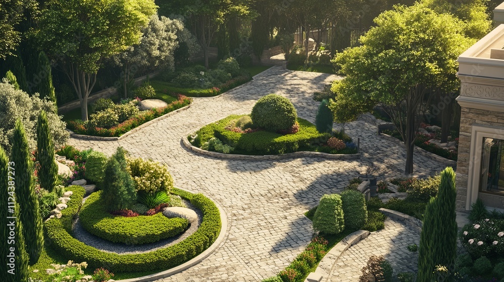 Obraz premium house with a garden area around the house. There is a lot of beautiful parking
