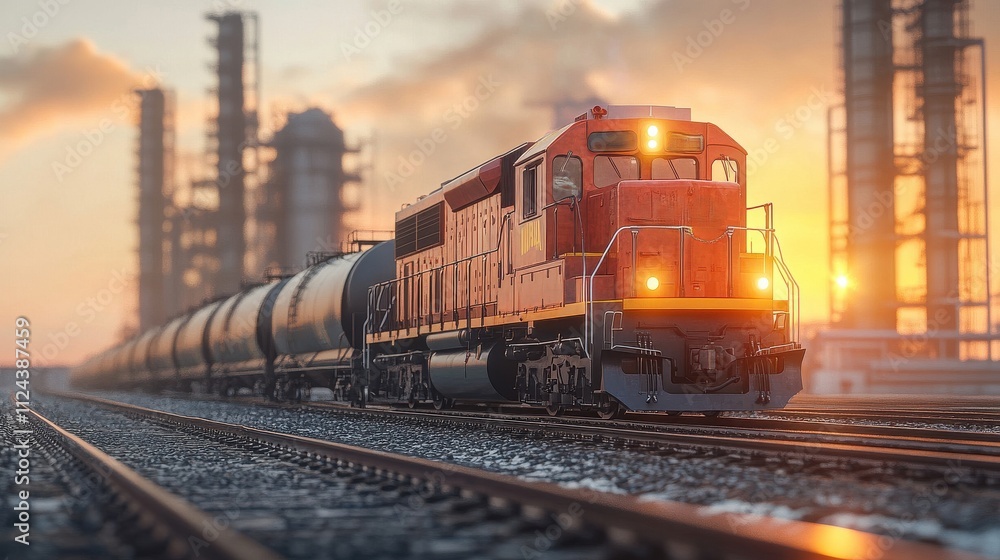 Freight train transporting cargo at industrial facility during sunset beautiful landscape Freight train transporting cargo at industrial facility during sunset beautiful landscape