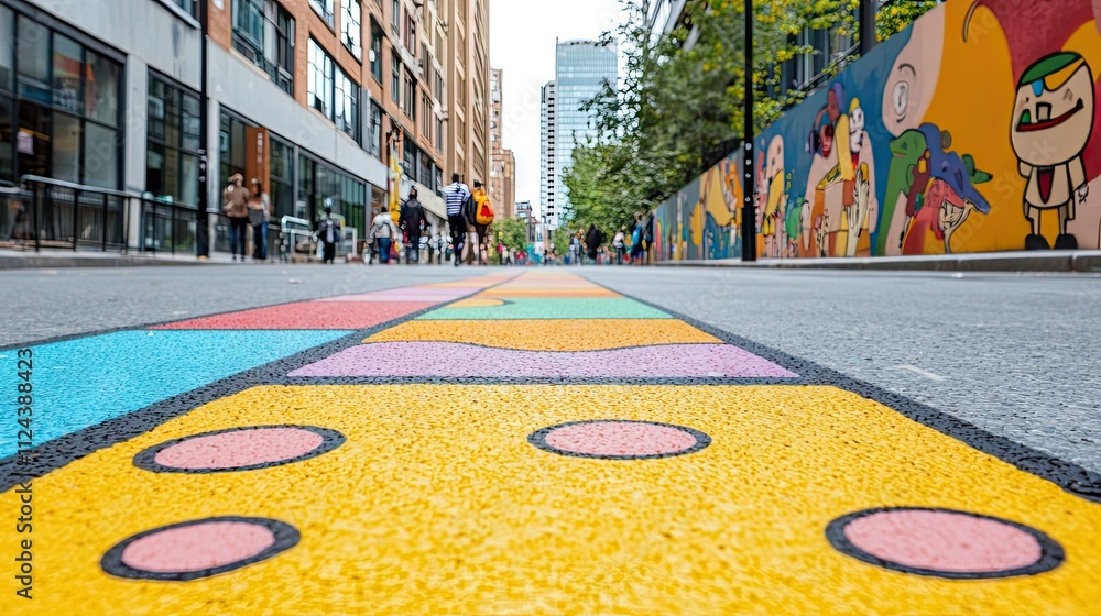 Obraz premium Colorful street art perspective showcasing vibrant murals in an urban alley with clear, wide space for copy text Urban Mural Vibes Colorful Alley Art Vibrant Street Showcase 