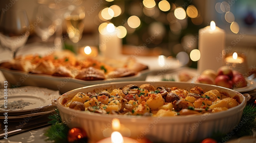 Obraz premium Festive Christmas dinner table setting with roasted potatoes and creamy mushroom bake, candles, and bokeh lights.
