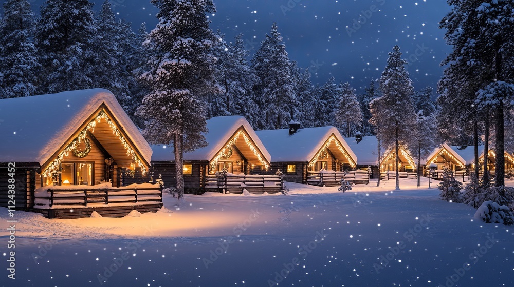 A serene winter night scene in Rovaniemi Finalnd featuring cozy cottages adorned with festive lights amidst a tranquil snowfall A serene winter night scene in Rovaniemi Finalnd featuring cozy cottages adorned with festive lights amidst a tranquil snowfall