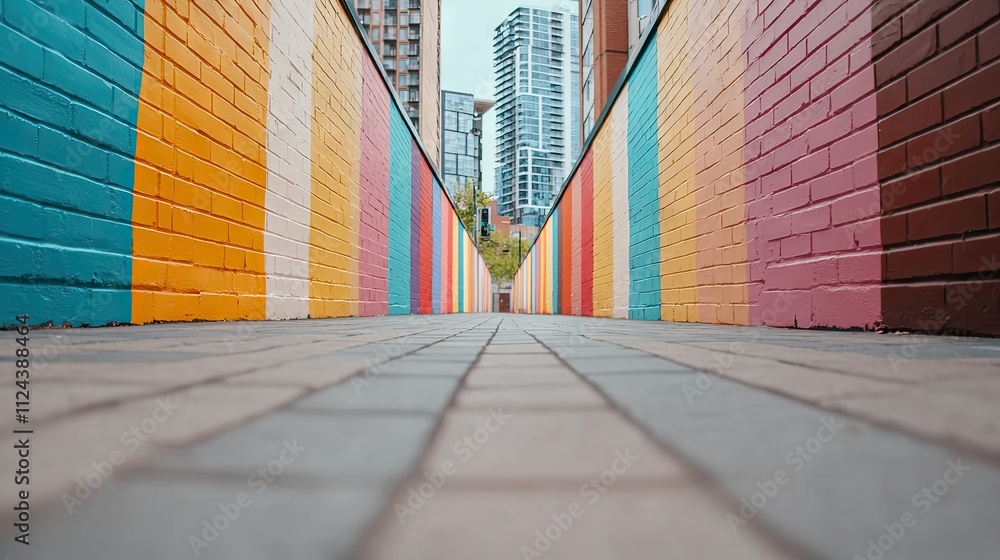 Naklejka premium Colorful street art perspective showcasing vibrant murals in an urban alley with clear, wide space for copy text Urban Mural Vibes Colorful Alley Art Vibrant Street Showcase