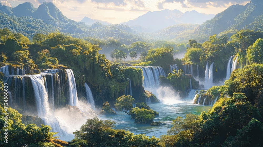 Naklejka premium Majestic Waterfalls Surrounded by Lush Green Mountains and Forests