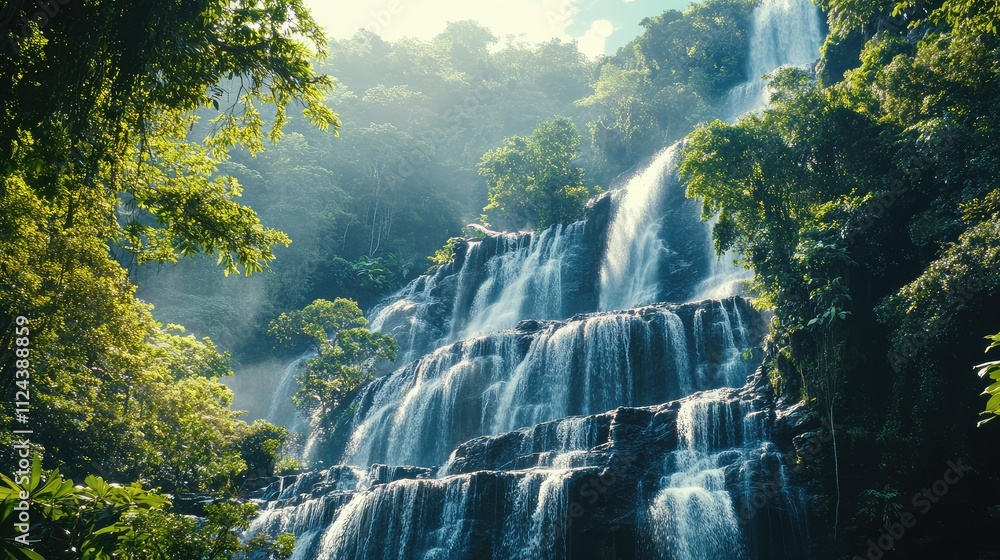 Majestic Waterfall Cascading Through Lush Green Rainforest Scenery Majestic Waterfall Cascading Through Lush Green Rainforest Scenery