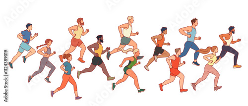 Athletes running marathon. People in sports uniforms, speed competition, jogging men and women, racing run, runners characters in sportswear, healthy lifestyle vector cartoon isolated set
