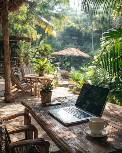 digital nomad workspace tropical Remote island office Tropical work getaway Paradise coworking spot.Beachside productivity hub.Exotic remote workspace