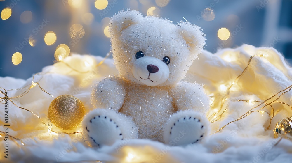 Fototapeta premium Christmas teddy bear on a background of lights.