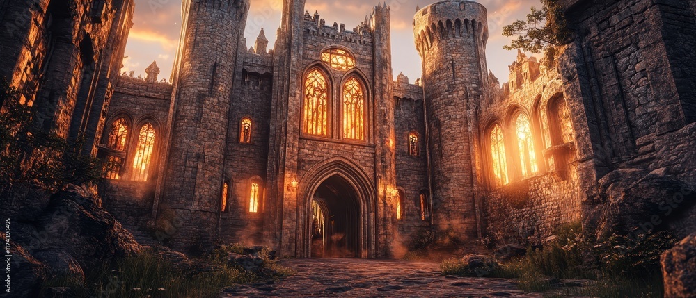 Majestic castle at sunset with glowing windows surrounded by greenery and birds flying in the sky Majestic castle at sunset with glowing windows surrounded by greenery and birds flying in the sky
