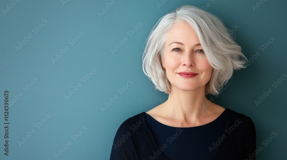 Elegant woman with silver hair against teal background Elegant woman with silver hair against teal background