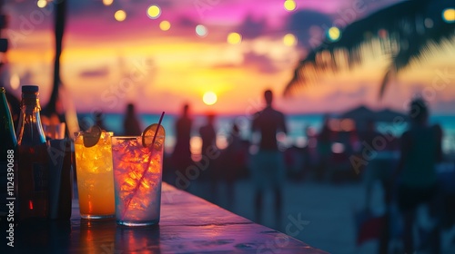 Colorful drinks in bar with blur beach party people and colorful sunset sea sky in background