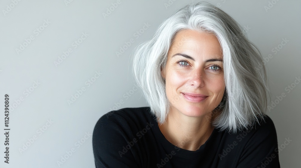 Smiling woman with silver bob hairstyle in black top Smiling woman with silver bob hairstyle in black top