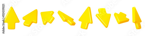 3d click cursors. Three dimensional objects, yellow arrows, different angles and directions, interactive pointers and arrows. Navigation button, ui symbol, glossy render isolated vector set