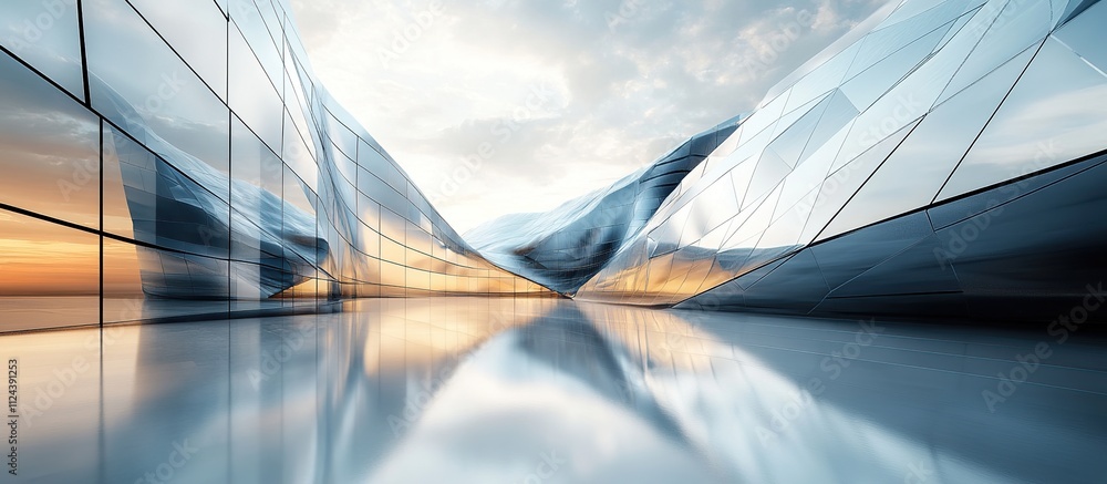Fototapeta premium Futuristic glass building reflecting sunset.