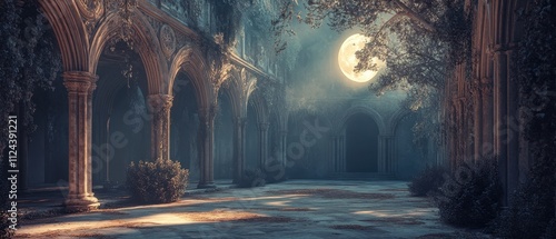 Mystical courtyard under full moonlight with ancient architecture and glowing foliage at night