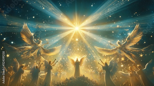 A heavenly host of angels appearing in the night sky, their wings shimmering with light and their trumpets announcing the birth of Jesus