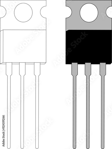 Vector illustration of TO-220 component with three pins, showing filled and outline versions. Perfect for technical designs, electronics education, and documentation