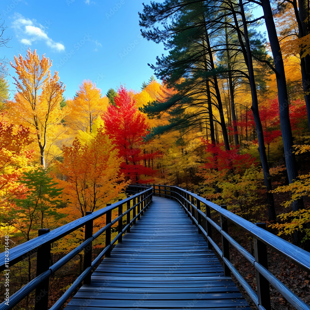 Beautiful wooden pathway going the breathtaking colorful trees in a forest Beautiful wooden pathway going the breathtaking colorful trees in a forest