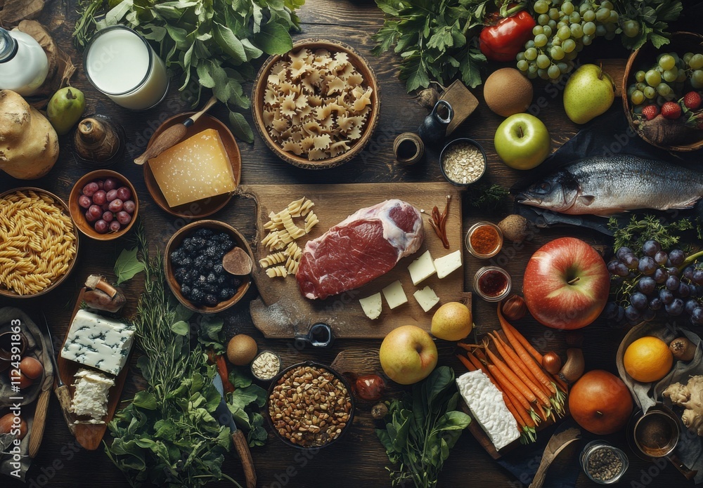 Fresh Ingredients on a Rustic Table: An Abundance of Vegetables, Fruits, Meats, and Cheeses for Gourmet Cooking and Culinary Inspiration Fresh Ingredients on a Rustic Table: An Abundance of Vegetables, Fruits, Meats, and Cheeses for Gourmet Cooking and Culinary Inspiration