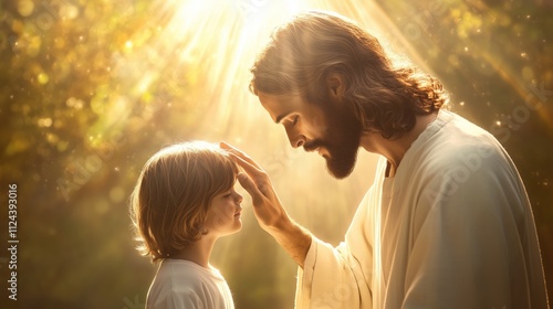  Jesus standing with his hand gently placed on the head of a small child, as if healing the child from all illnesses.
