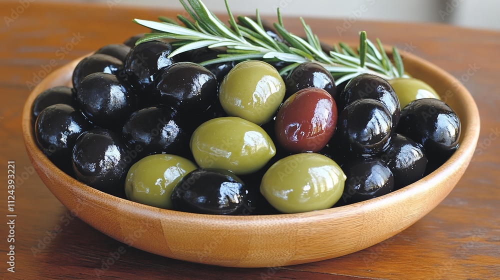 Bowl of assorted olives with rosemary sprig. Bowl of assorted olives with rosemary sprig.