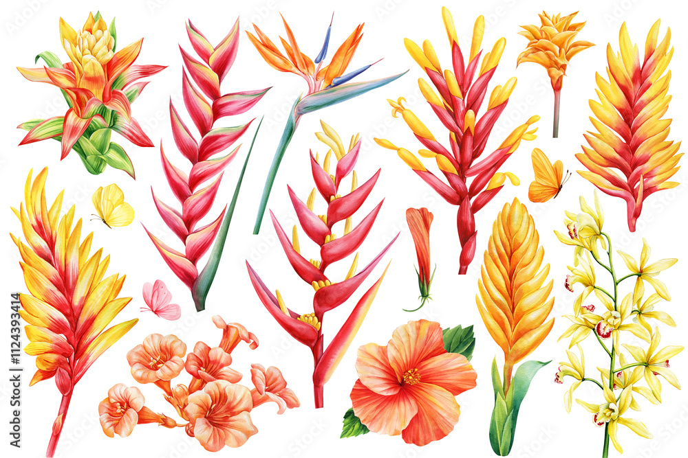 Set tropical flowers isolated botanical flora. Bird of paradise, Bromelia, Orchid, Hibiscus, Guzmania, heliconia Hawaii Set tropical flowers isolated botanical flora. Bird of paradise, Bromelia, Orchid, Hibiscus, Guzmania, heliconia Hawaii