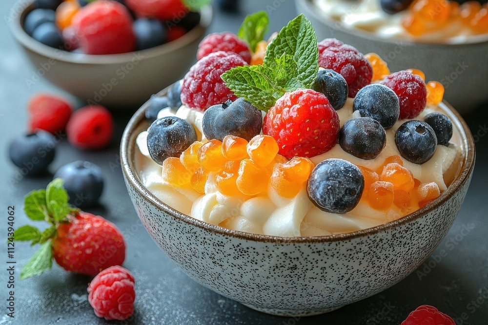 Fresh Fruit Salad in Ceramic Bowl with Creamy Topping Fresh Fruit Salad in Ceramic Bowl with Creamy Topping