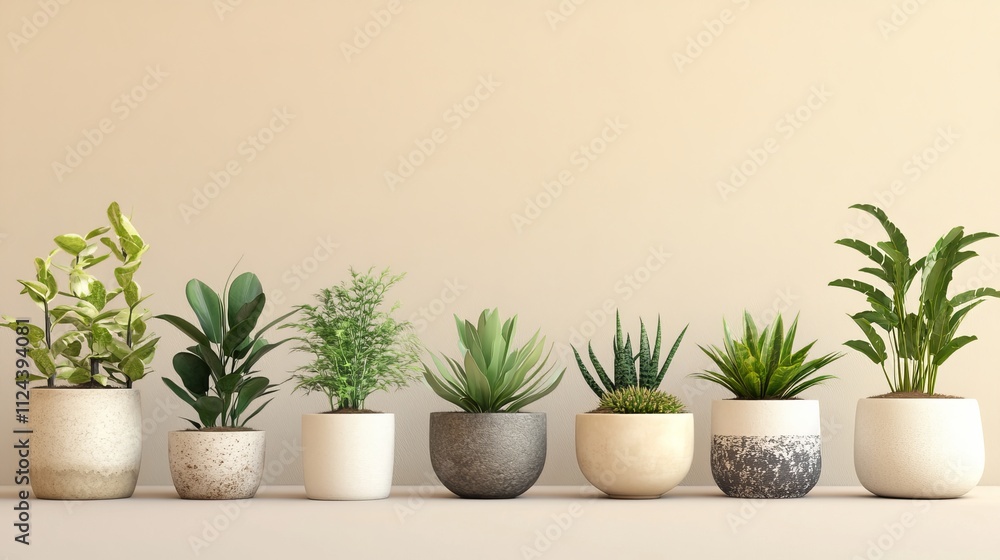 Obraz premium Home plants in pots on beige background. Plants lover concept, green interior details