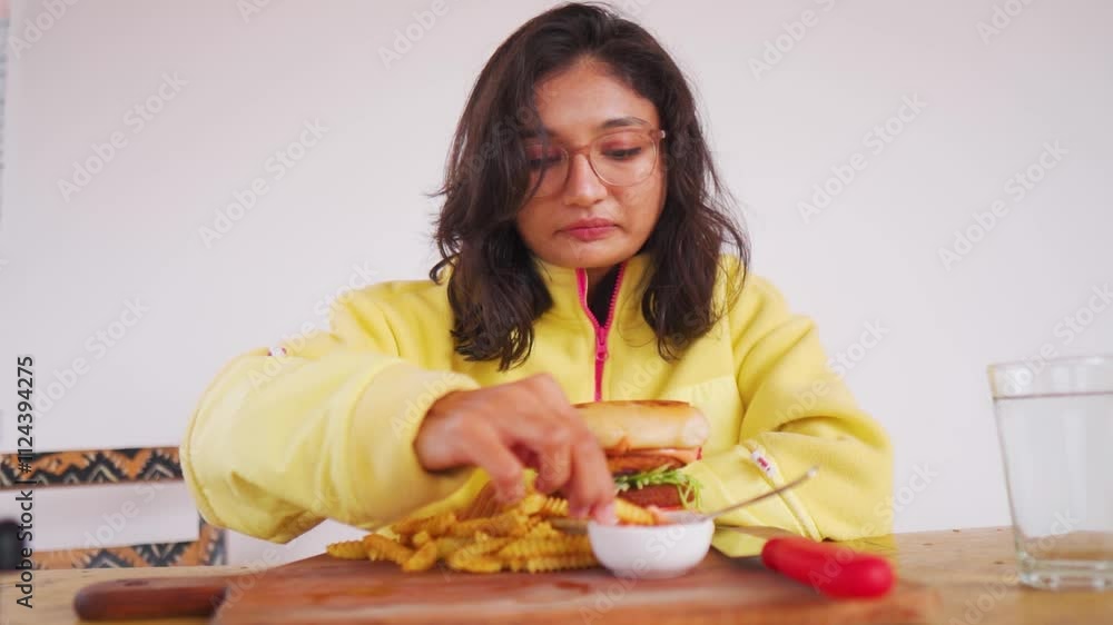 Young Indian woman dip French fries in Mayonnaise. Girl enjoying unhealthy fast-food in restaurant. Girl eating fries and burger. Unhealthy diet cheat meal unhealthy food concept. Young Indian woman dip French fries in Mayonnaise. Girl enjoying unhealthy fast-food in restaurant. Girl eating fries and burger. Unhealthy diet cheat meal unhealthy food concept.