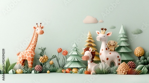 Vibrant and intricate origami zoo featuring detailed paper animals trees and foliage set against a soft neutral background photo