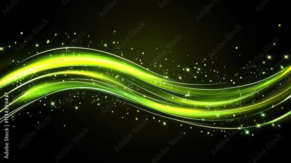 Green Wavy Lines with Sparkles on Dark Background for Abstract Design Green Wavy Lines with Sparkles on Dark Background for Abstract Design