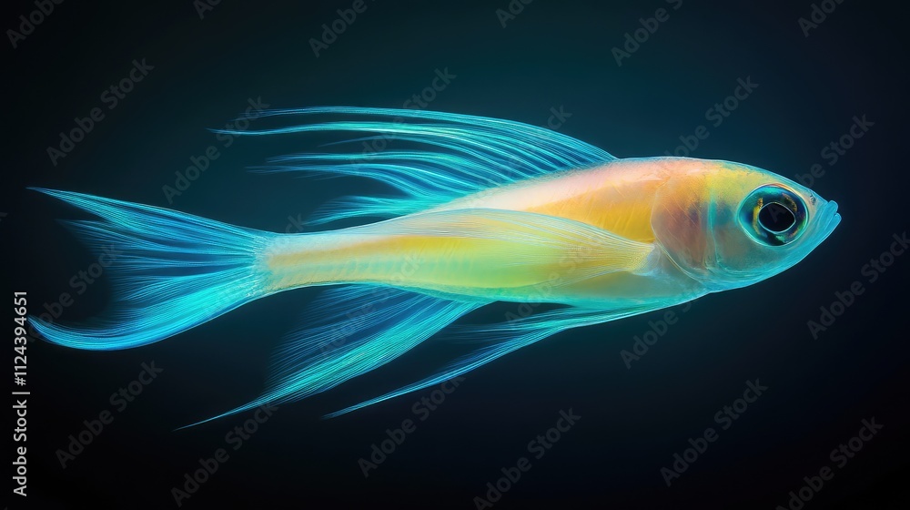 Ethereal Glowing Fish with Vibrant Fins Swimming in Dark Waters Ethereal Glowing Fish with Vibrant Fins Swimming in Dark Waters