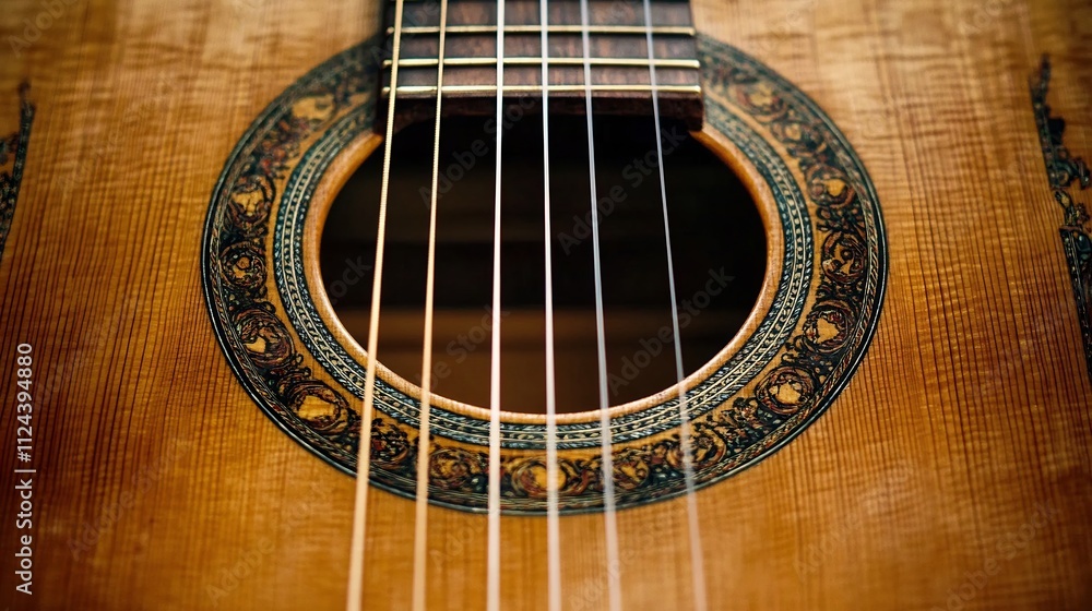 Close-up of a Classical Guitar's Soundhole with Intricate Inlays Close-up of a Classical Guitar's Soundhole with Intricate Inlays