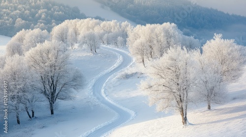 Frozen mountain landscape from above trees