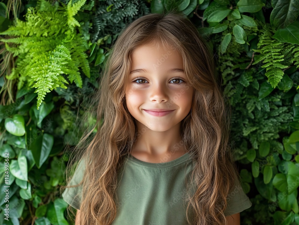 Happy girl smiling against lush green foliage. Happy girl smiling against lush green foliage.