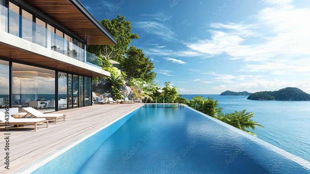 Fototapeta premium Modern house exterior with swimming pool and deck