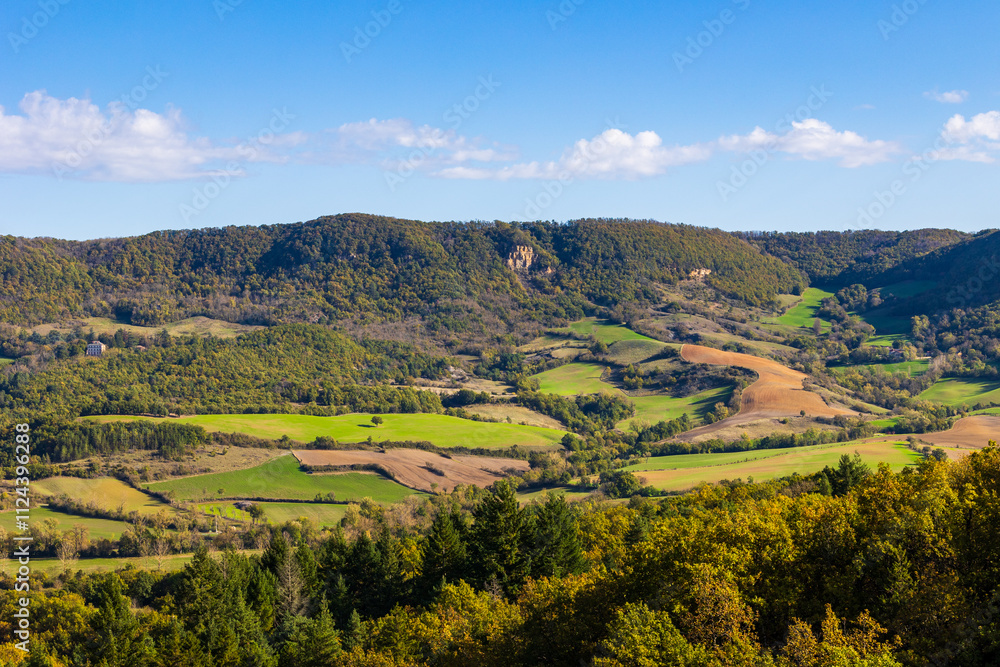 Obraz premium Cernon Valley in the Larzac from the former railway line connecting Tournemire to Le Vigan converted into a rail bike trail