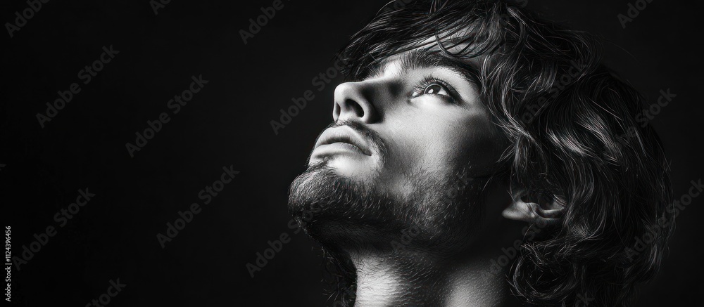 Dramatic Black and White Portrait of Jesus Christ with Emphasis on Neck and Hair Dramatic Black and White Portrait of Jesus Christ with Emphasis on Neck and Hair