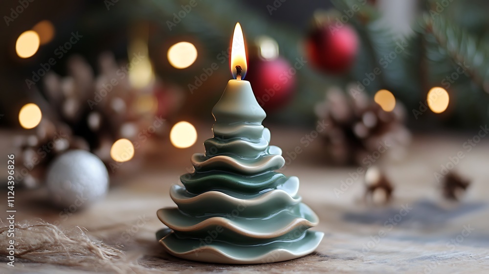 Lit green Christmas tree candle on wooden surface with ornaments and pine cones. Lit green Christmas tree candle on wooden surface with ornaments and pine cones.