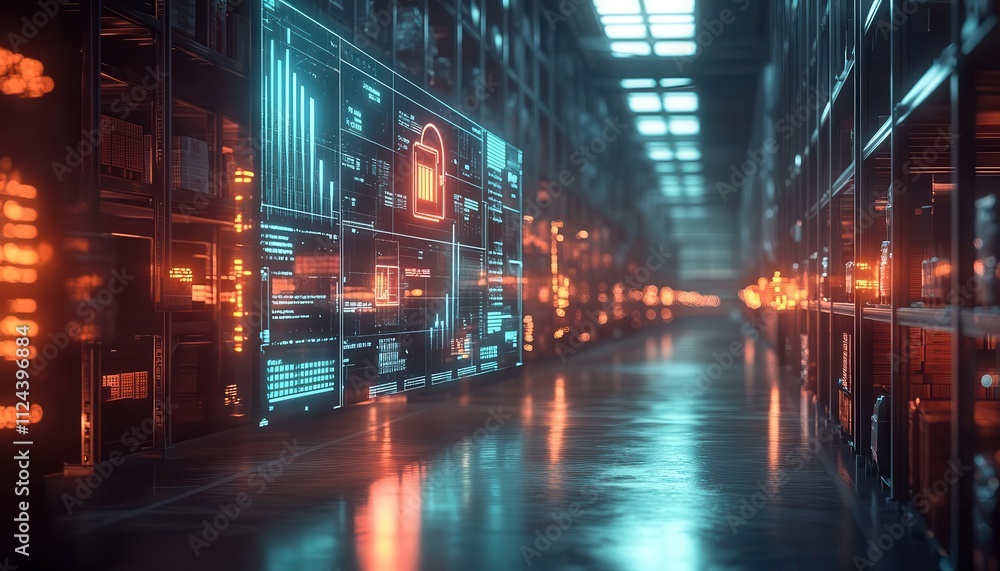 A futuristic inventory workflow chart displayed holographically in a busy warehouse, glowing softly under cinematic shadows A futuristic inventory workflow chart displayed holographically in a busy warehouse, glowing softly under cinematic shadows