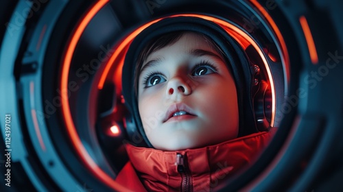 Young Child Gazing Curiously Through a Futuristic Circular Portal with Neon Lights and a Warm Expression